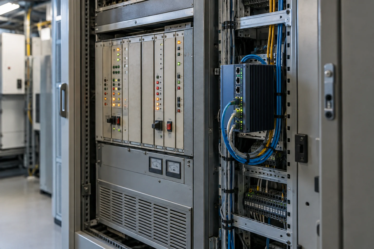 A maintained older enterprise control cabinet with a compact new interface gateway installed alongside it.