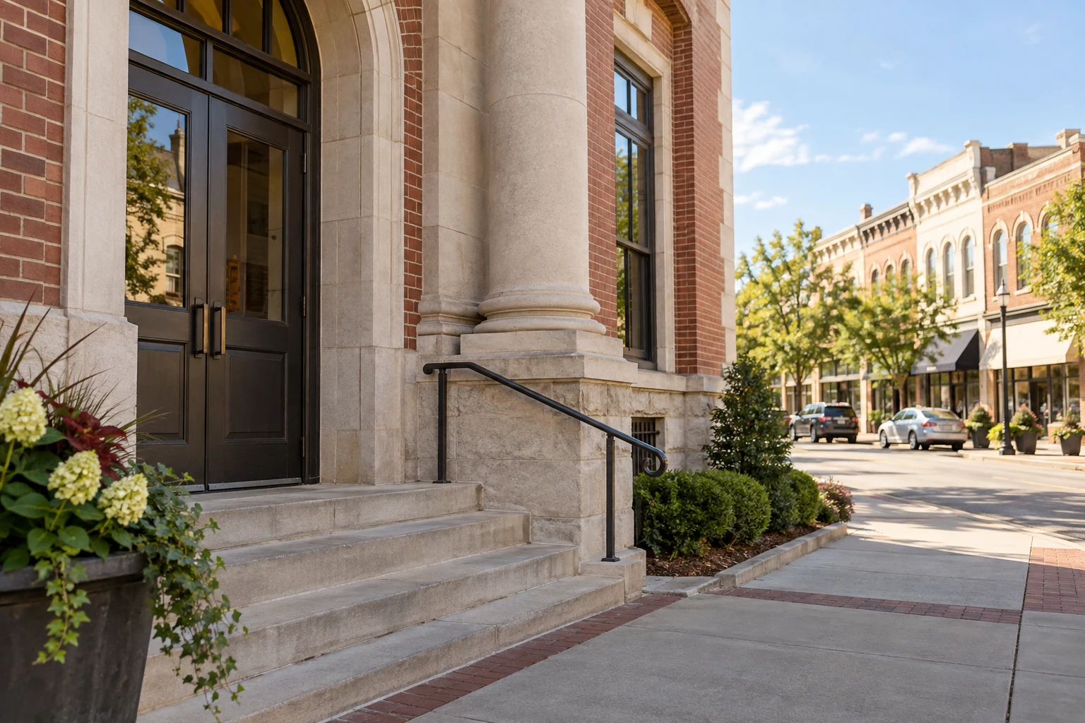 A real municipal administrative building entrance with a small local-business district visible across the street.