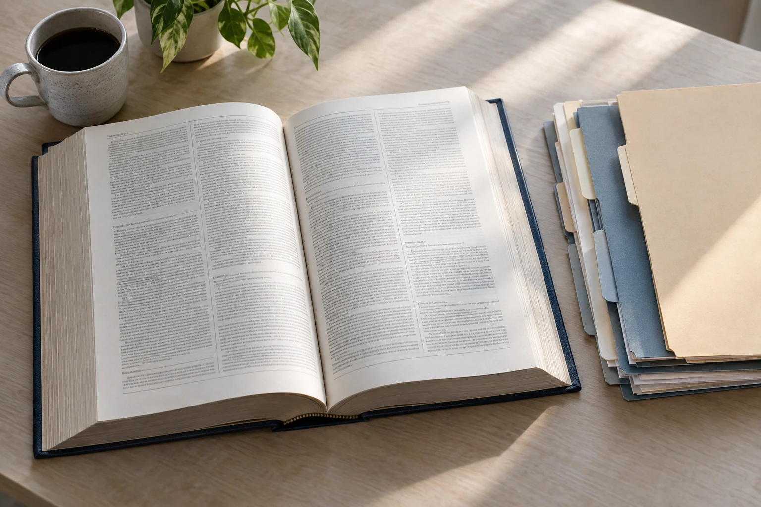 An open long-form technical reference volume beside a slim set of indexed source folders on a pale library work surface.