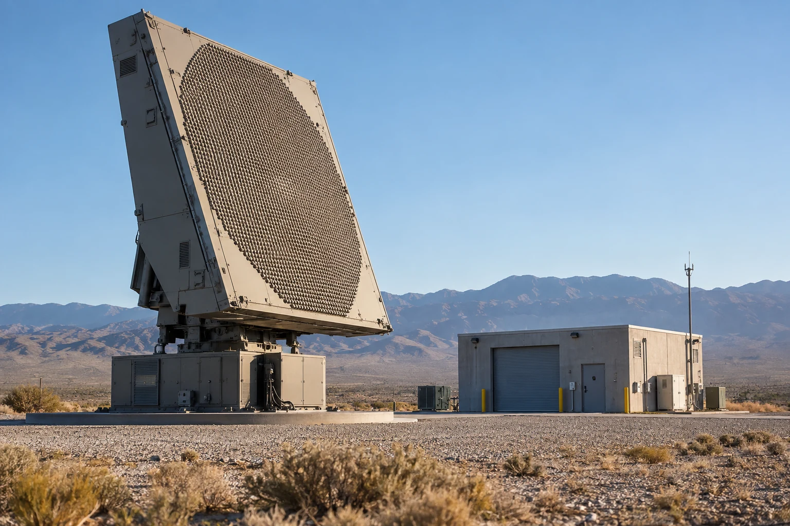 A realistic ground-based radar antenna at a remote instrumentation range, viewed in clear daylight with an empty service building nearby.