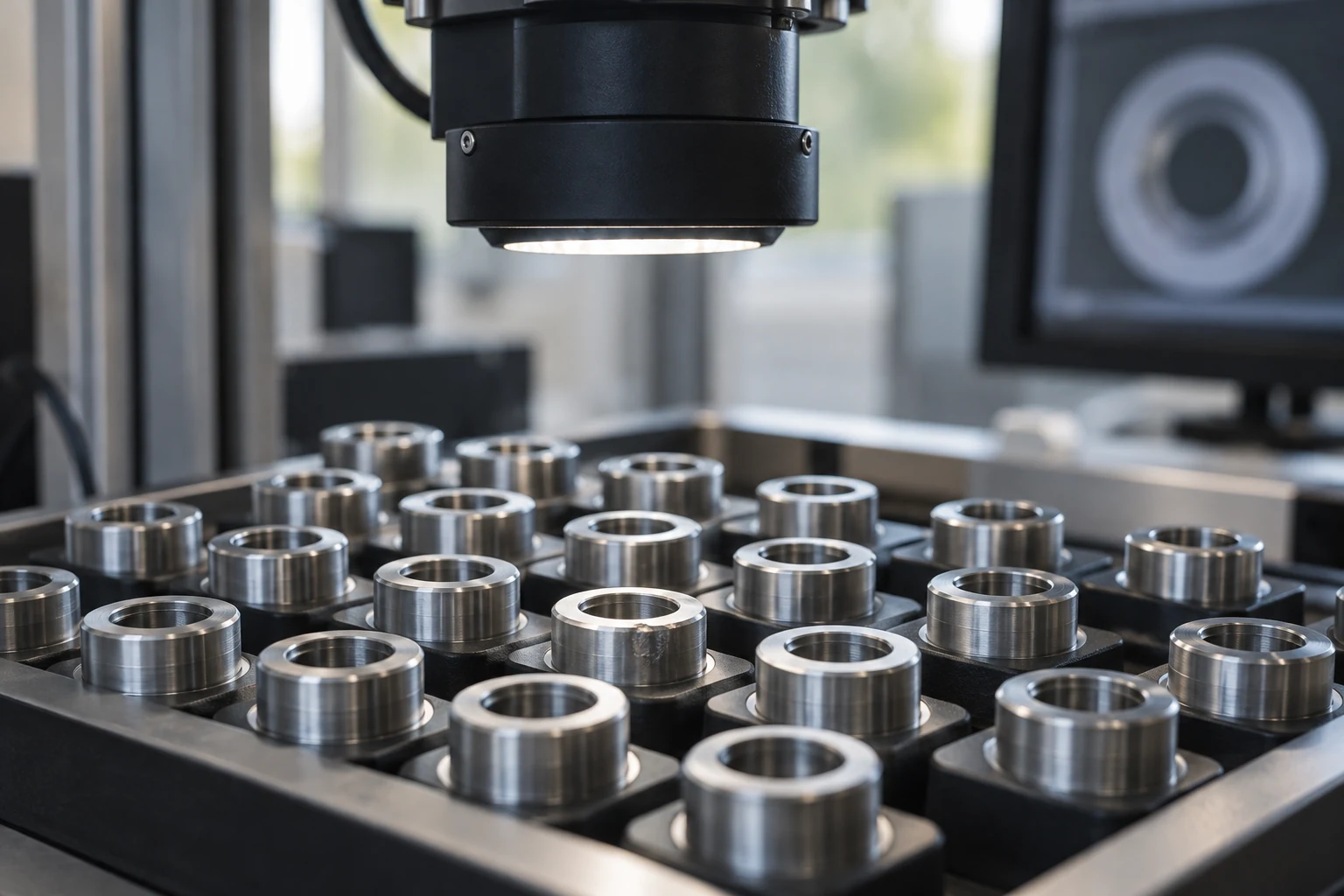 A tray of nearly identical inspected components with one subtle benign surface variation under a real inspection camera.