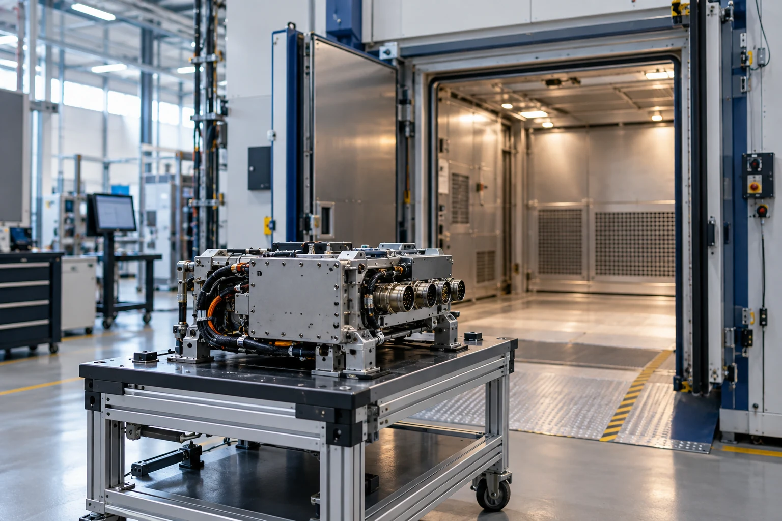 An empty advanced-manufacturing integration area where a compact supplier subassembly sits at the entrance to a larger test station.