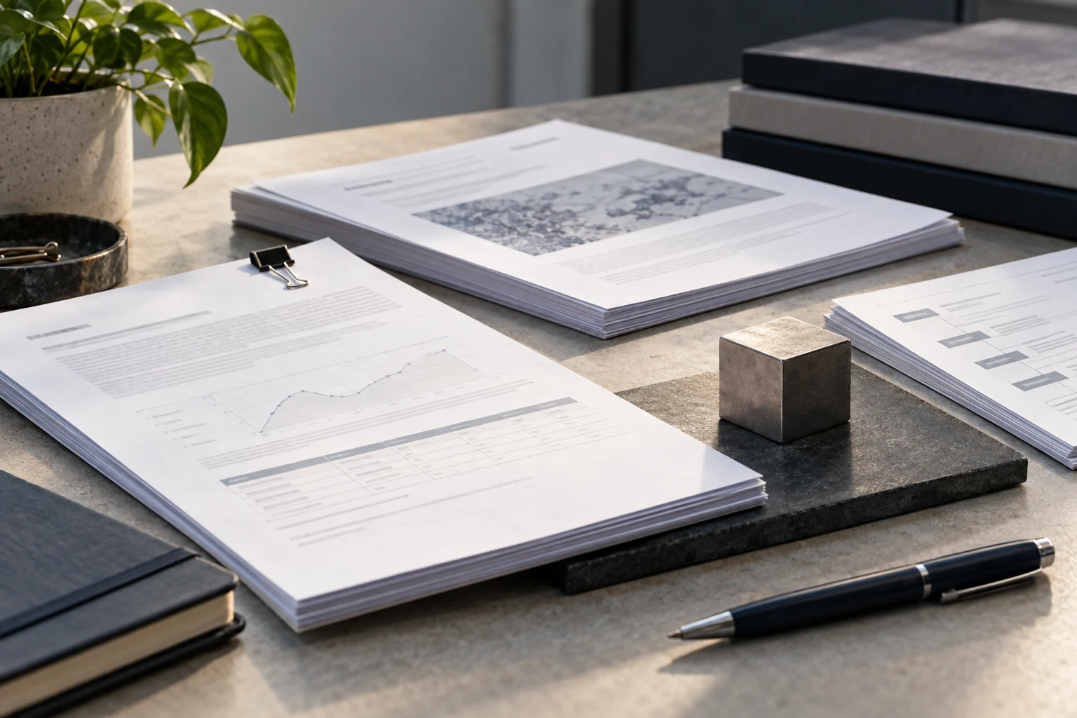 A carefully organized product evidence folio on a neutral studio surface, with original source documents and one physical test sample.
