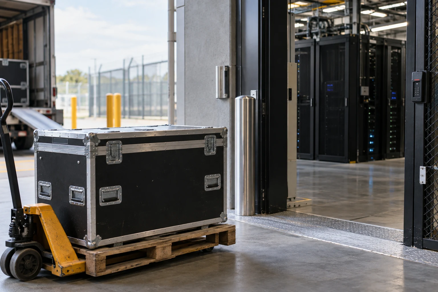 A carefully packed commercial software deployment appliance at the threshold of a modern data-facility receiving area.