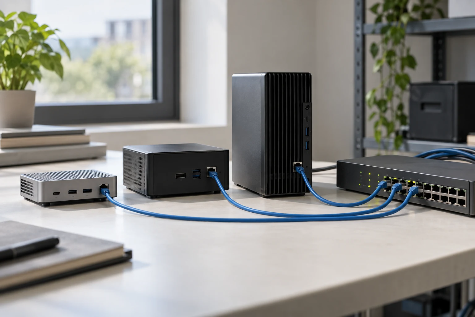 Three compact computing modules with visibly different physical sizes connected to one ordinary routing switch.