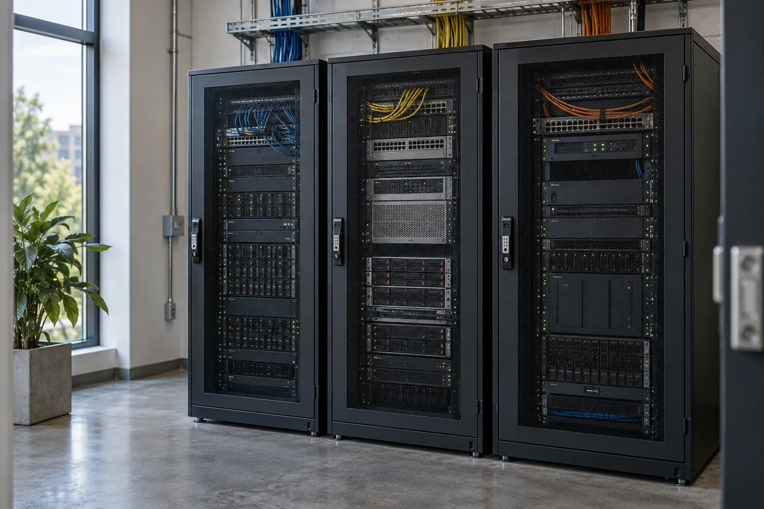 Architectural detail of three separately secured equipment cabinets inside one shared technology room.