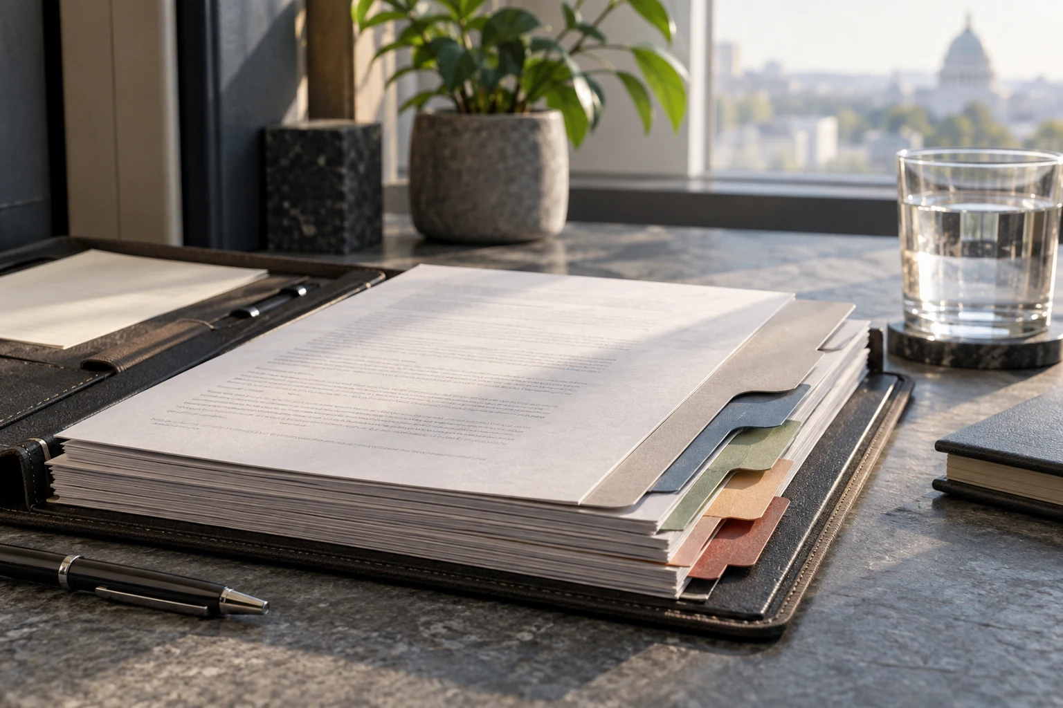 Close view of a structured compliance folio with clearly separated source sections and a plain removable index divider.