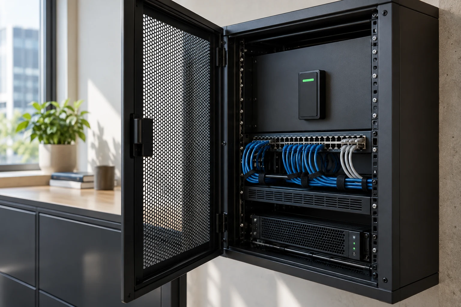 A small server enclosure with a plainly mounted hardware access control and carefully terminated network ports.