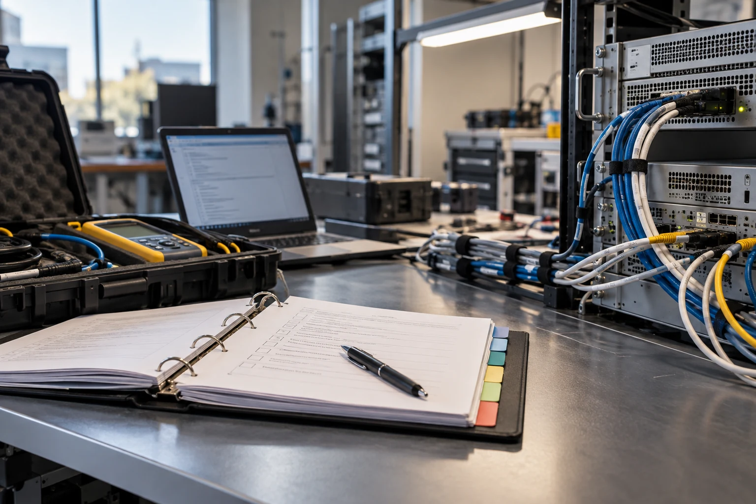 An enterprise equipment commissioning station with organized cable tests and a tabbed control checklist, writing indistinct.