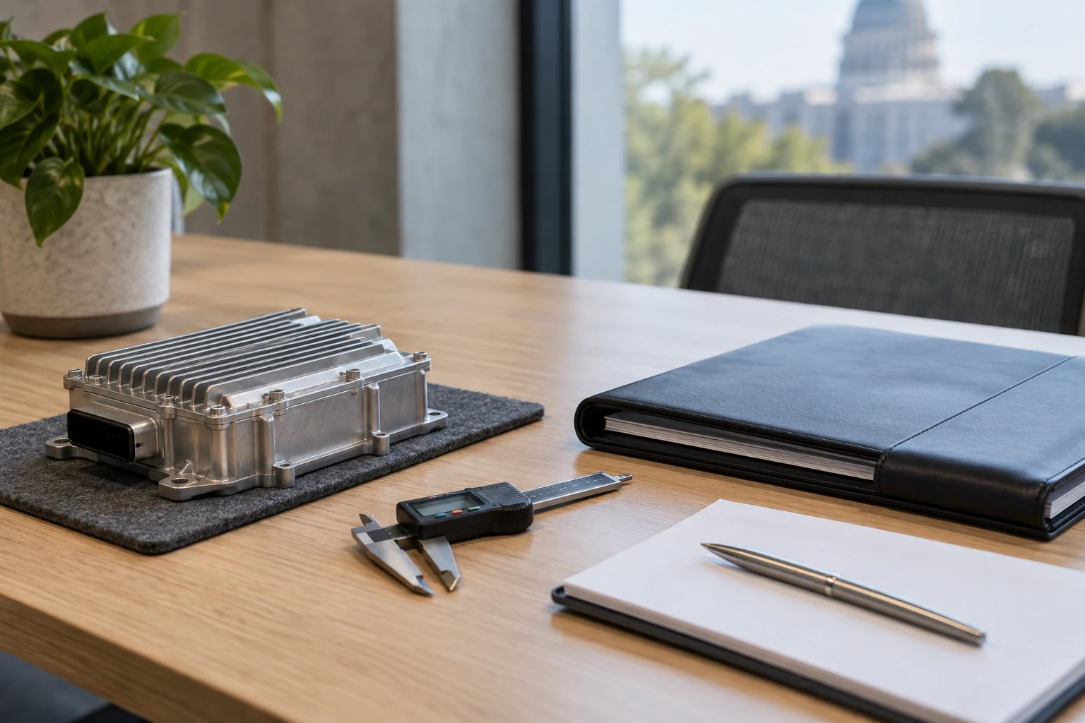 A real quality-review table with one equipment sample, a simple inspection gauge and a closed risk-review folio.