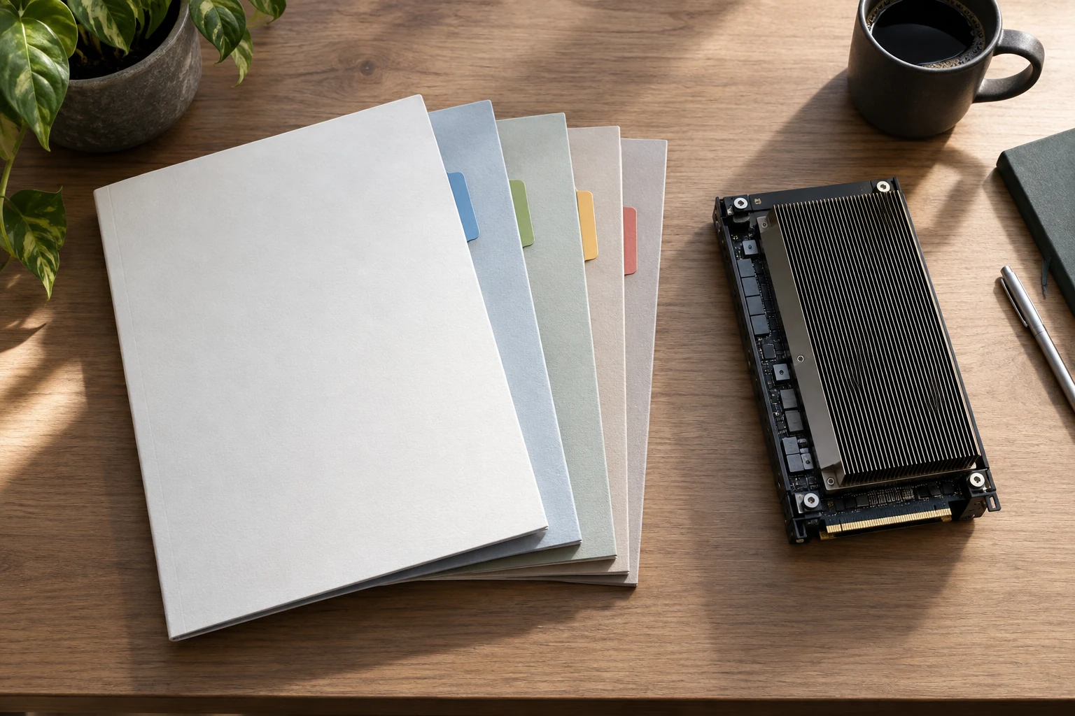 A carefully arranged set of four thin technical folios with modest different-color page tabs, beside a single documented system component.