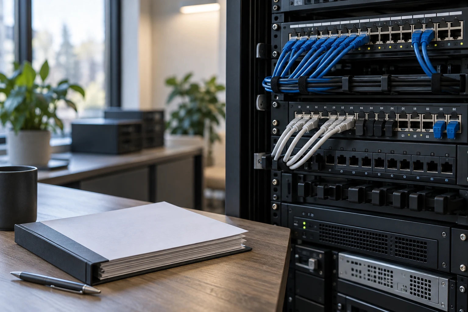 A small software firm's secure network enclosure with tidy ports, capped unused connections and a plain documentation folio.