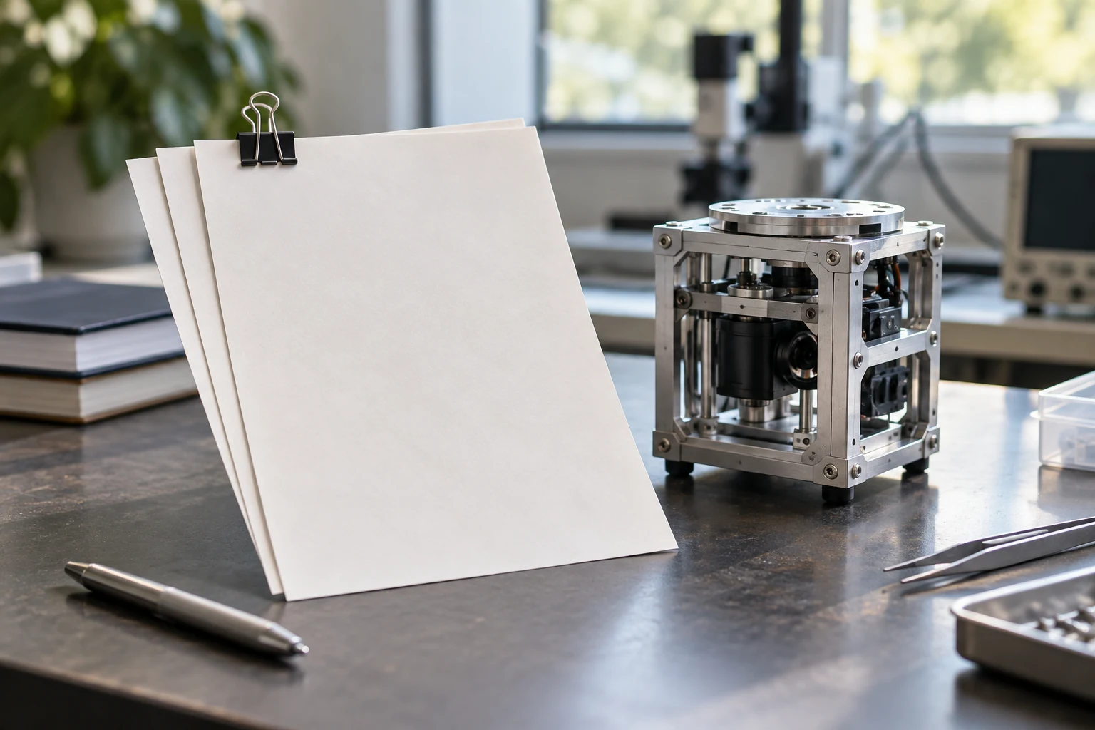Three crisp proposal pages held with one plain binder clip beside a small tangible laboratory prototype.