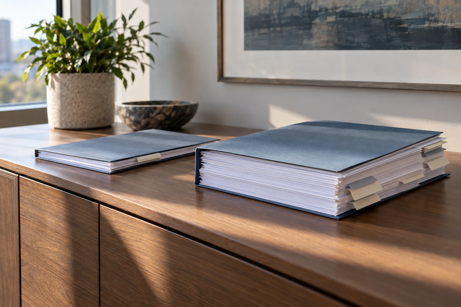 Two different commercial-services proposal packets prepared on a light conference-room sideboard, one compact and one more detailed.