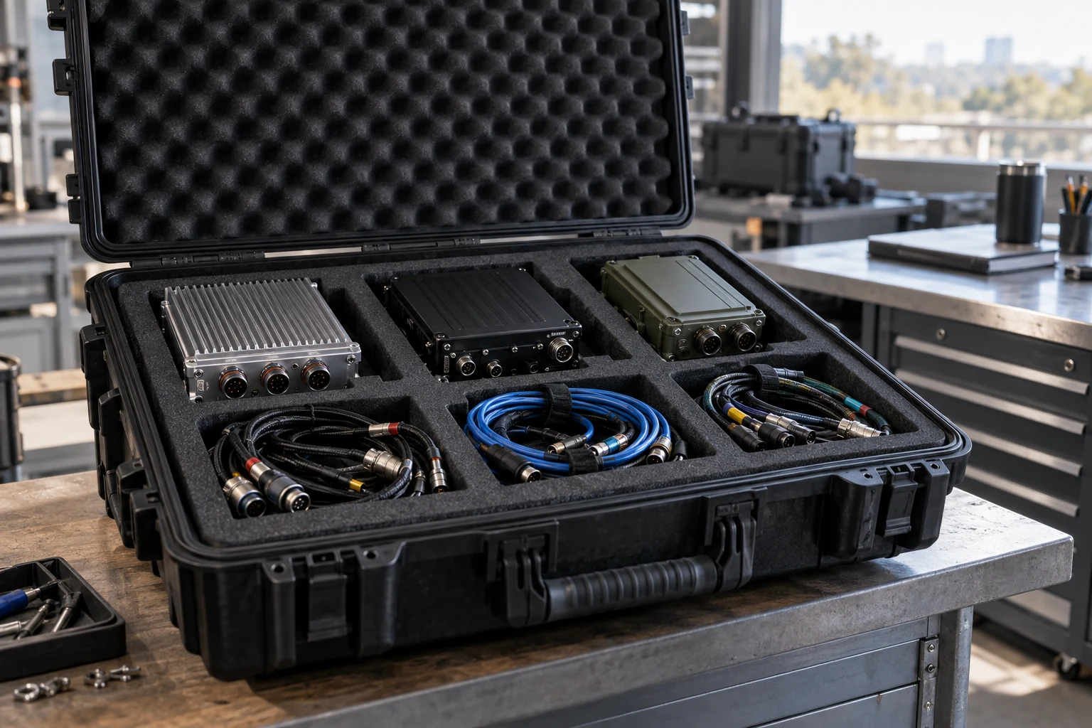 An open integration transport case containing three distinct supplier modules with their separate interface harnesses.