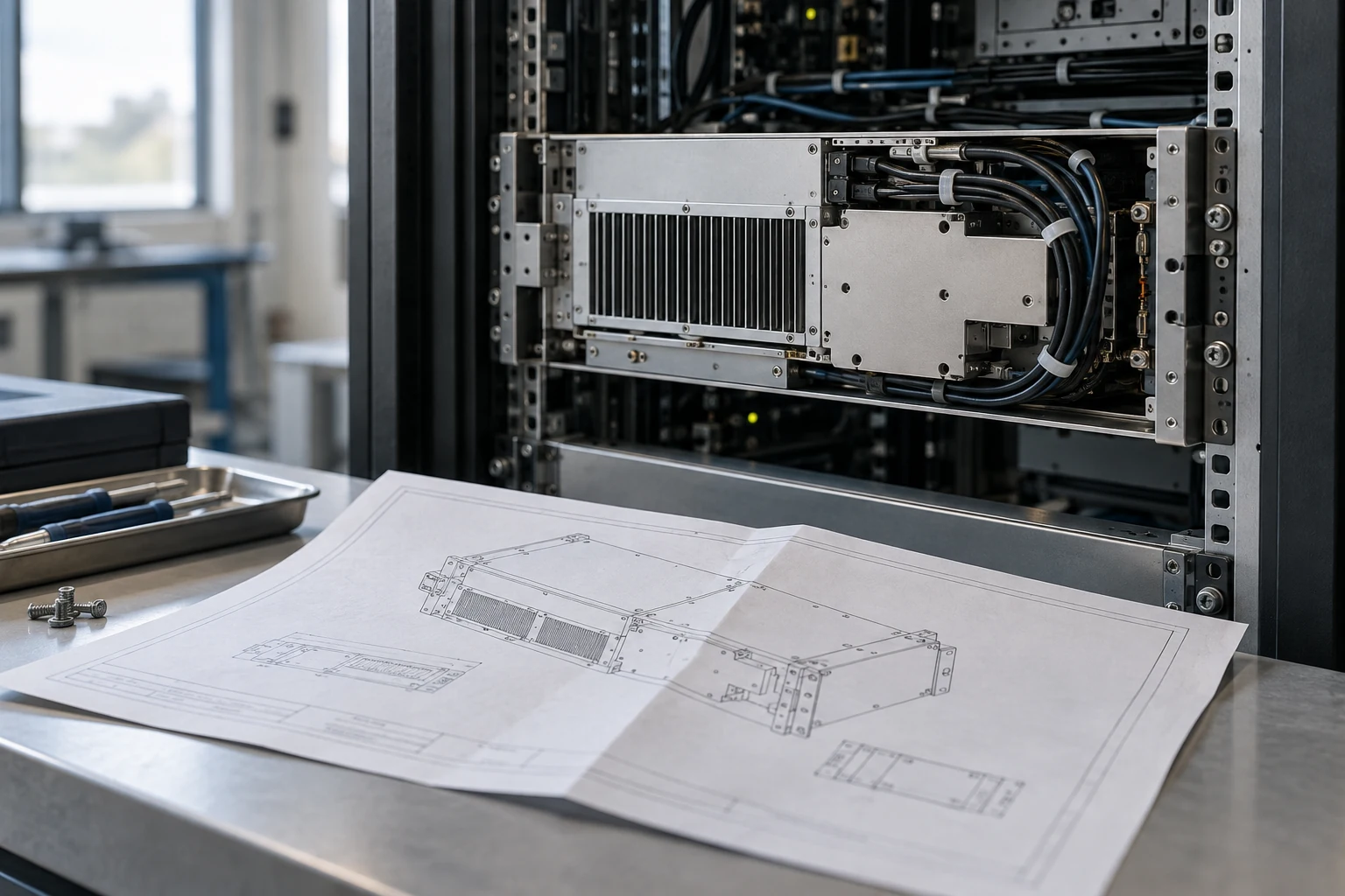 A finished subsystem installed inside a larger equipment frame, with its original component drawing folded neatly below.