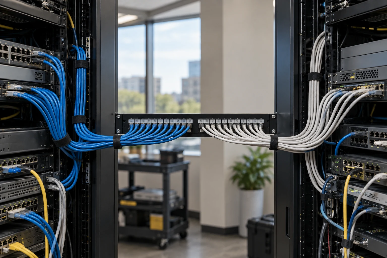 Two real office network cabinets being joined through a clean new patch panel, viewed from the service side.