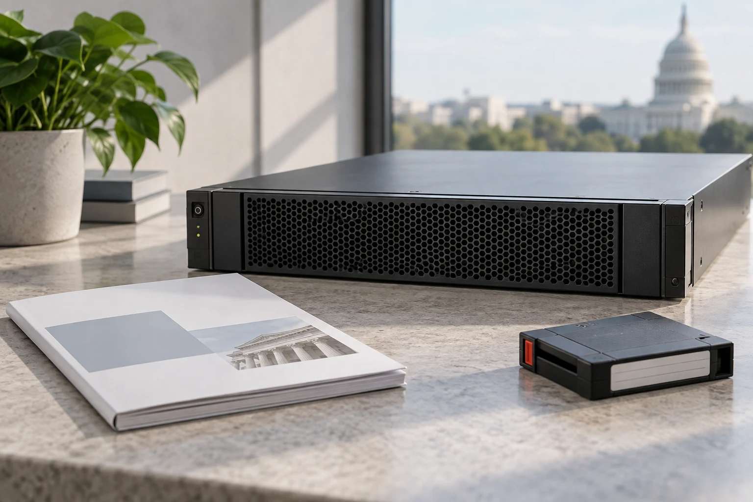 An enterprise data-product demonstration appliance with a simple printed service folio and a compact archive cartridge.