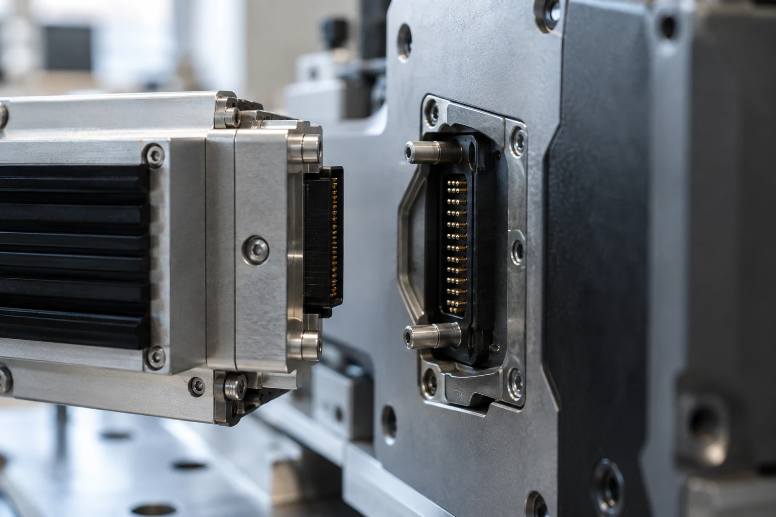 A precision connector interface between a small finished module and its larger host assembly.