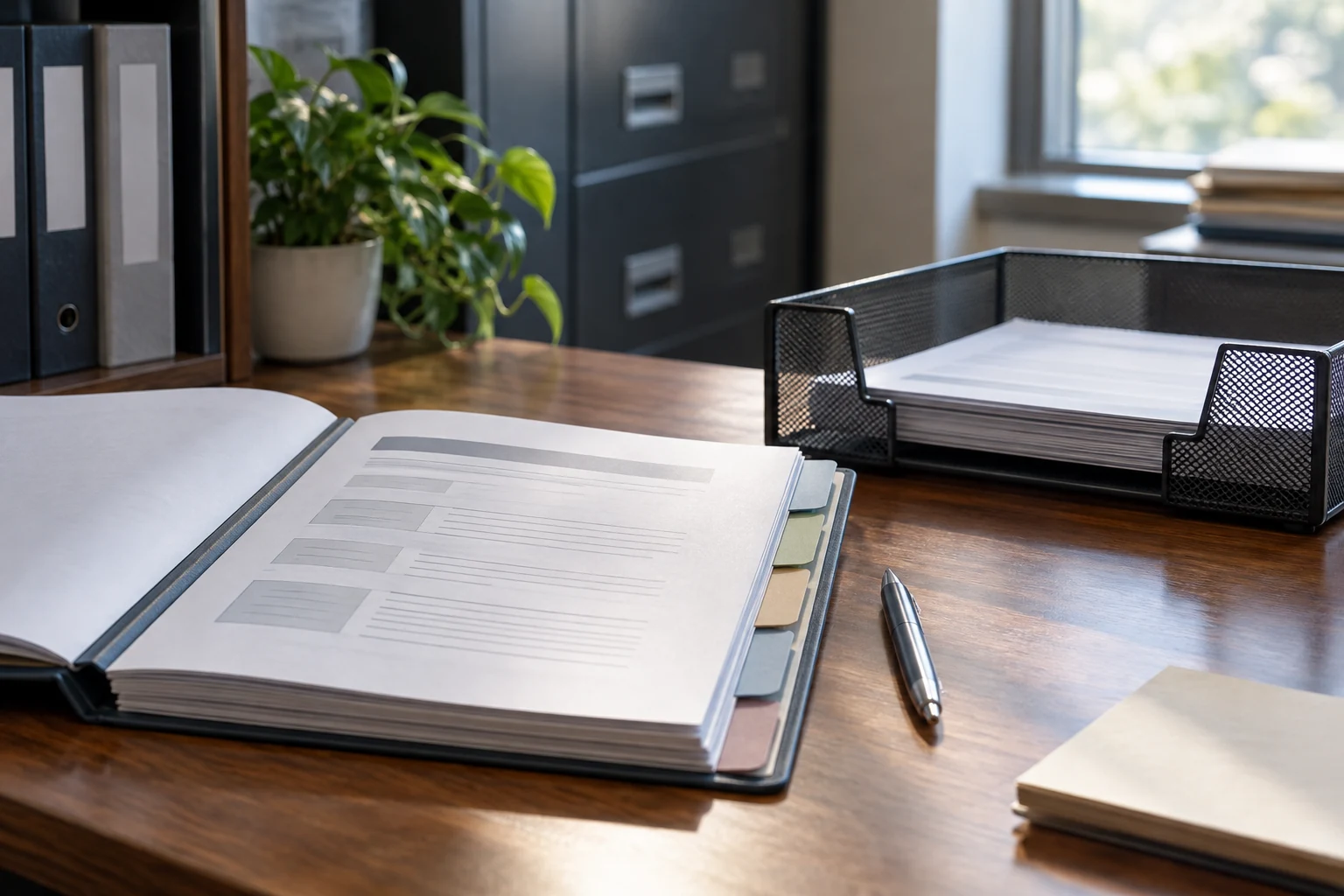 An anonymized data-inventory folio beside a secure document intake tray in a quiet records office.