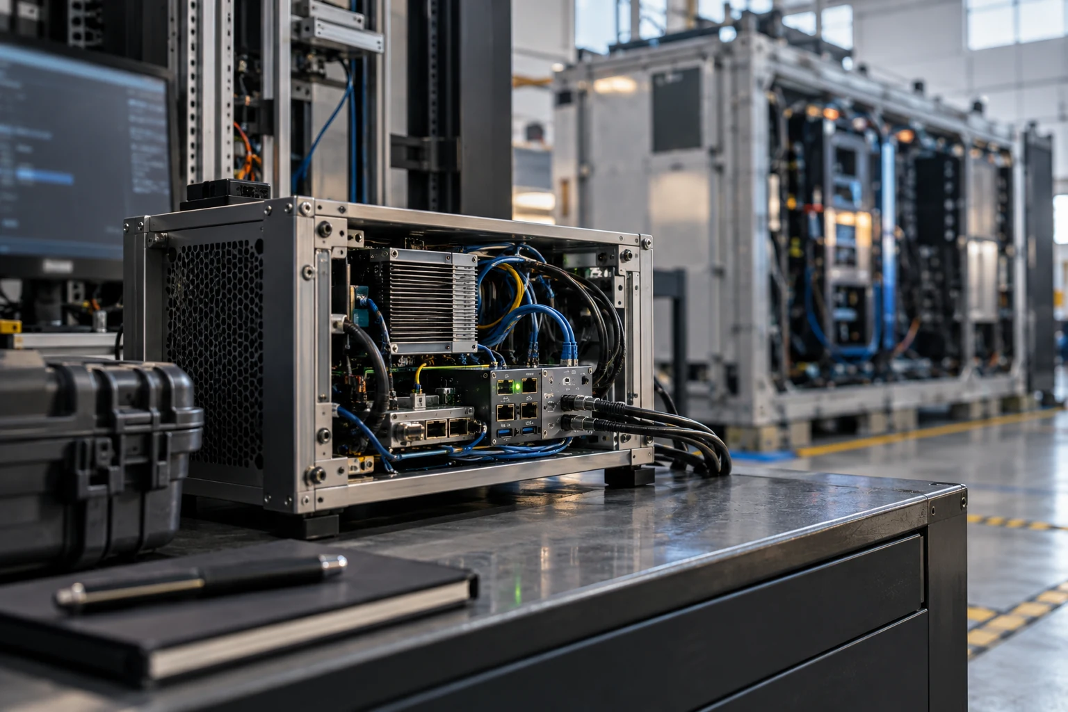 A compact specialist test fixture in use within a larger industrial integration bay, no people present.