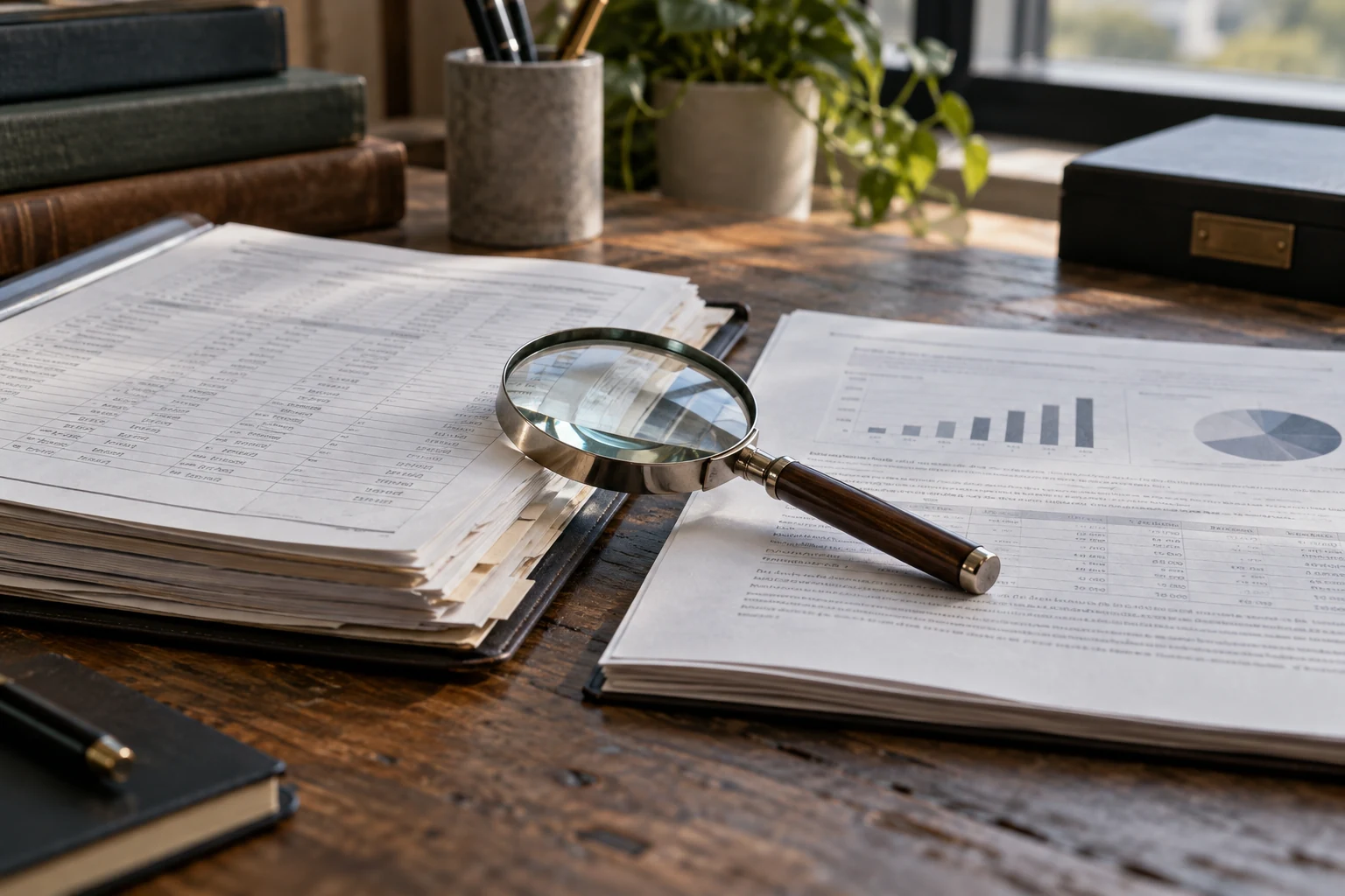 An original source ledger opened beside a matched summary page with a clear magnifier resting between them.
