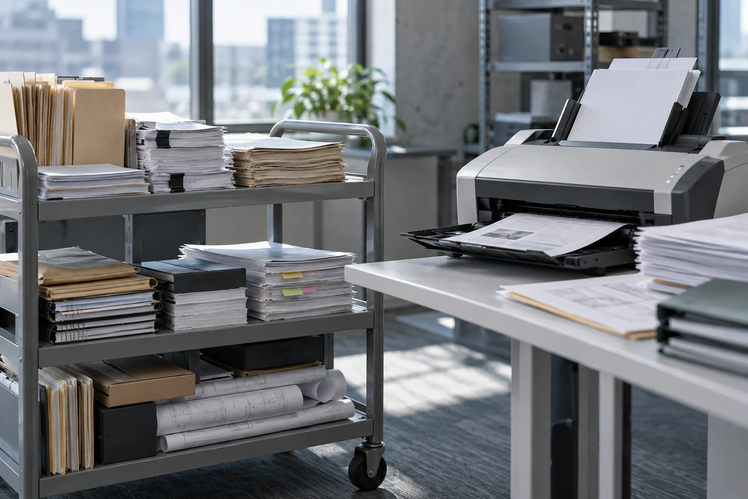 An enterprise document archive cart beside a modern high-speed document scanner, with mixed paper formats organized for processing.
