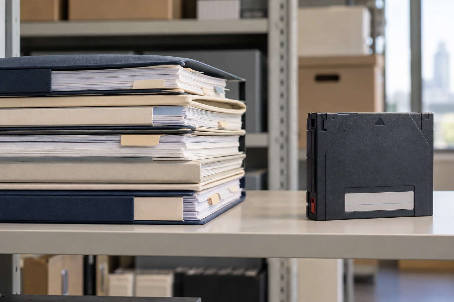 An indexed source-document collection beside a sealed archive cartridge on a simple records-workroom shelf.