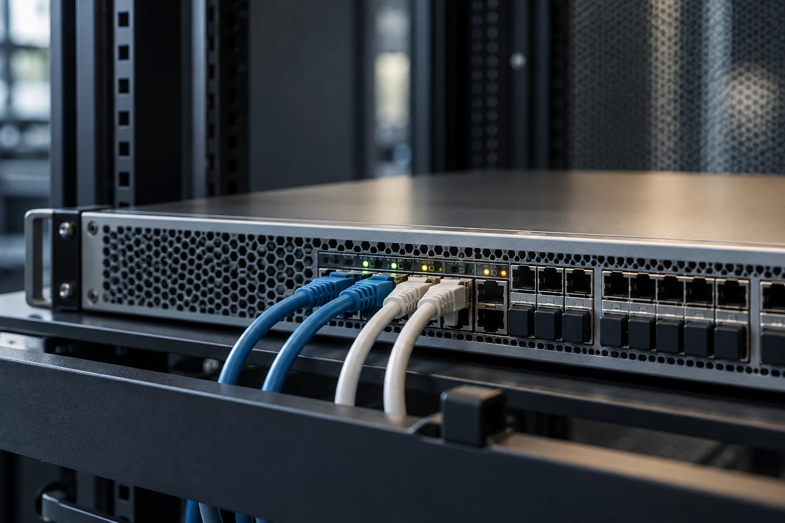 A real network traffic test appliance with a few orderly patch cables connected and unused ports capped.