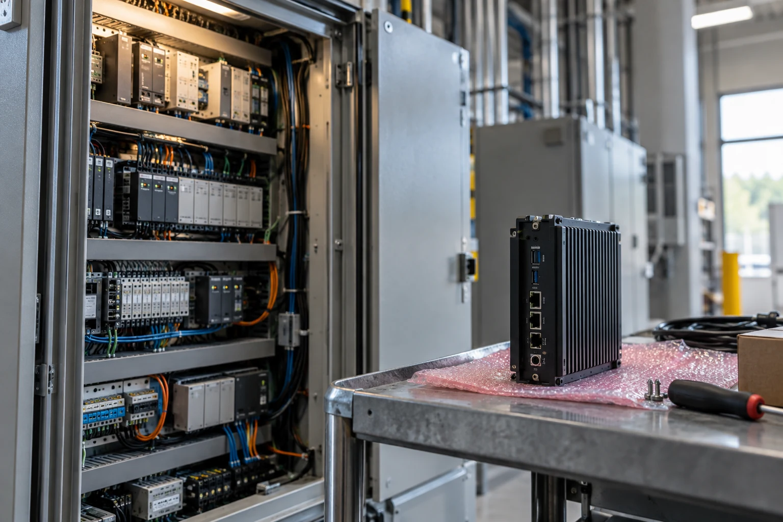 A well-maintained legacy operations cabinet next to a modest new interface module ready for installation.