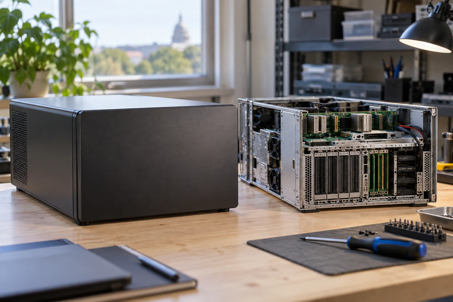 An opaque sealed computing appliance beside an open serviceable modular unit on a practical workbench.