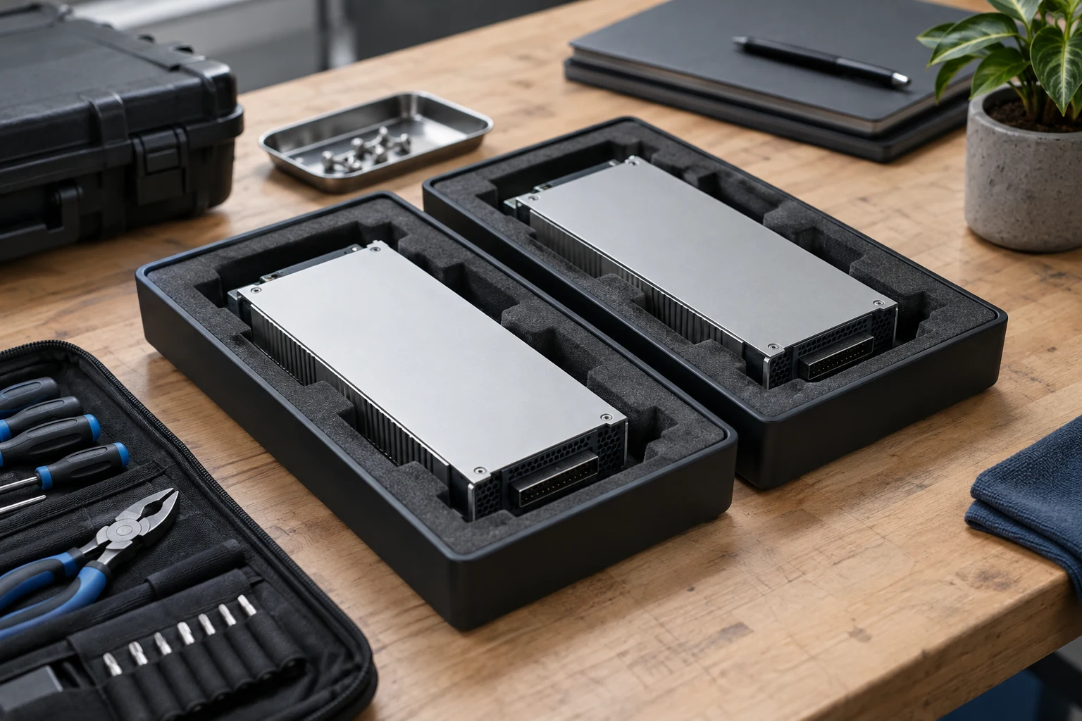 Two identical clean software deployment modules prepared in matching fitted trays, with an ordinary tool kit nearby.