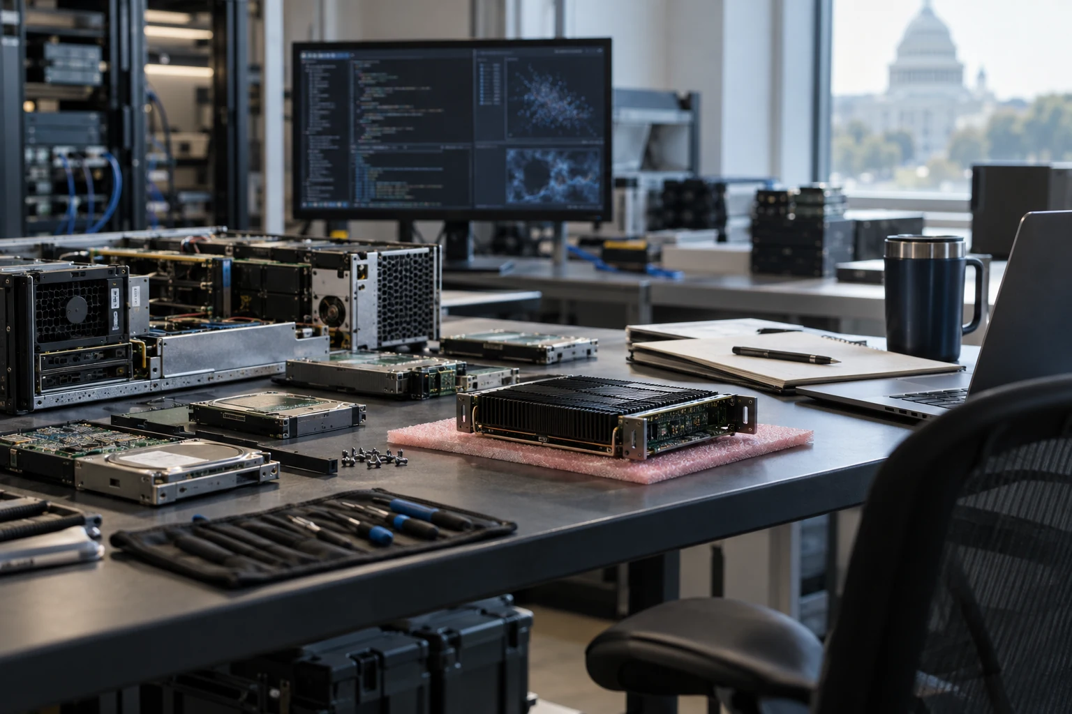 An actual engineering recovery workspace with a partly diagnosed system, carefully organized removed parts and one repaired module ready to reinstall.