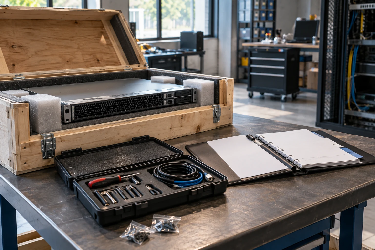 A product shipment crate opened at an integration station, showing the packaged appliance, separate service tools and an installation folio.