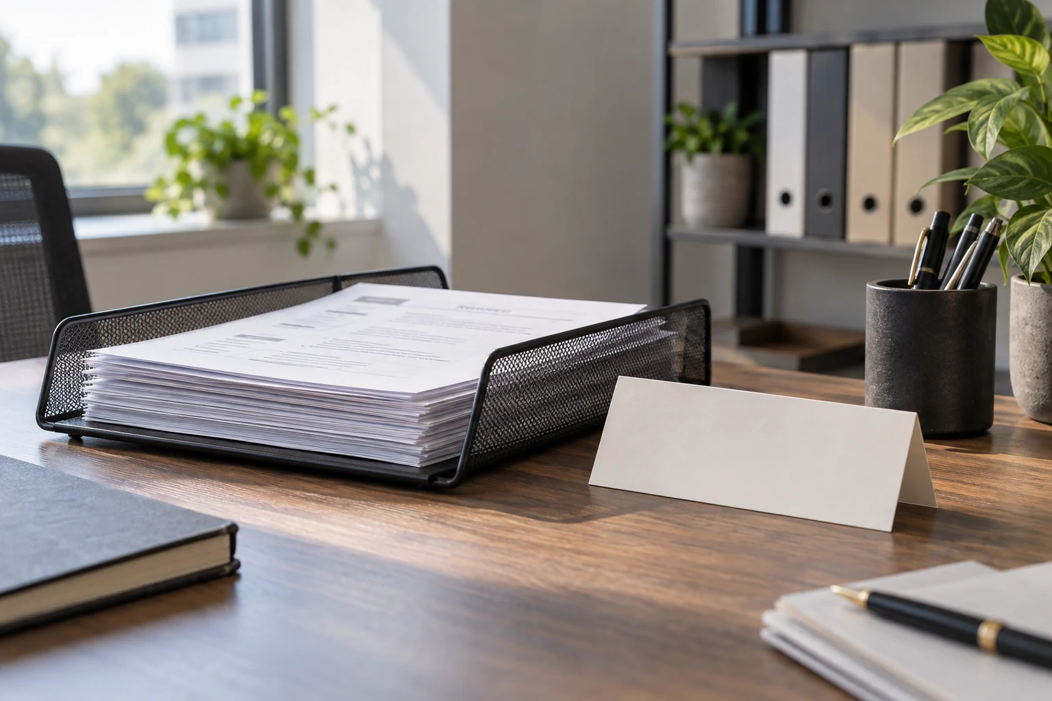 A modest human-resources review desk with anonymized paper applications in a tidy review tray and a plain blank decision card.
