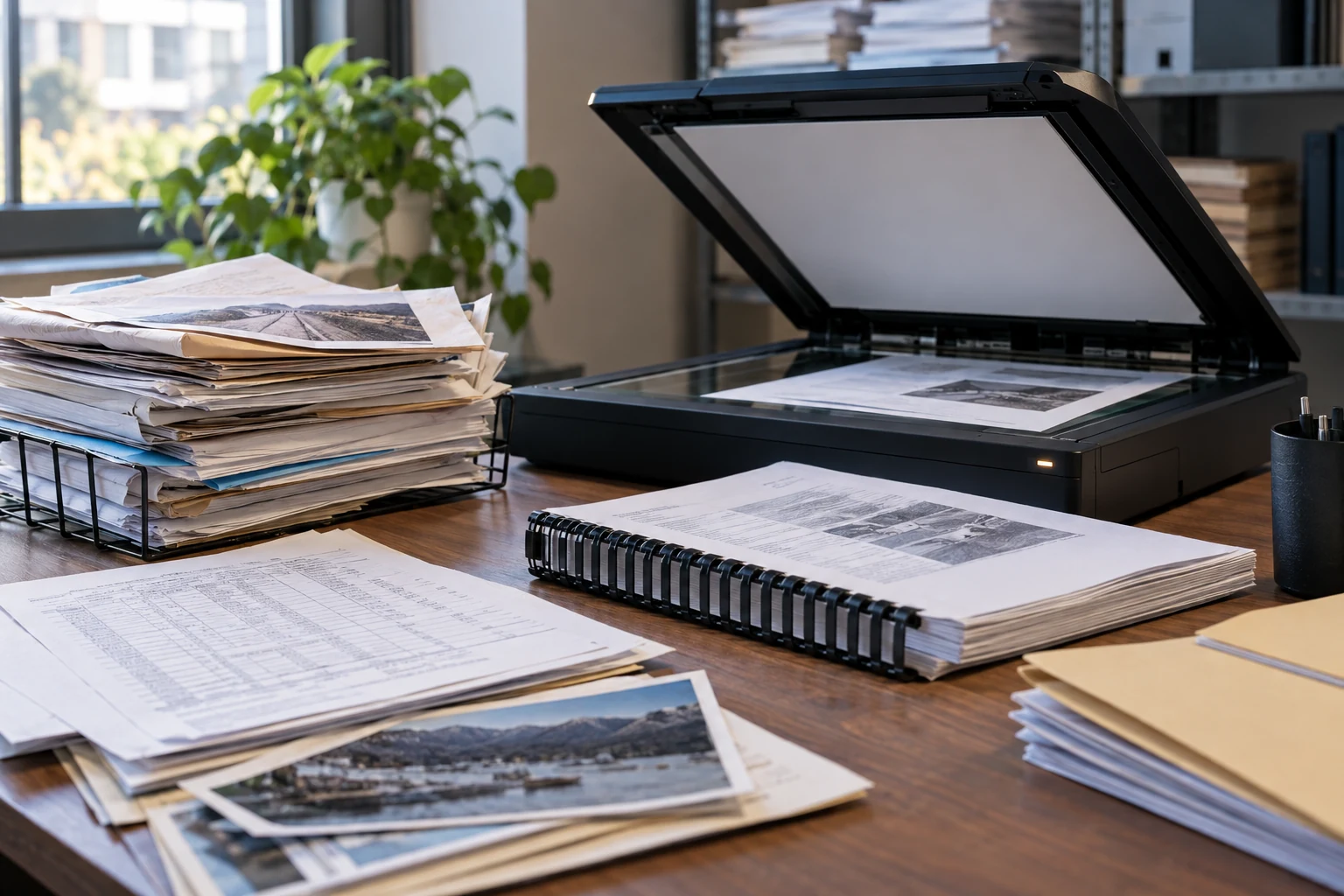 A document intake station handling mixed folded forms, photographs and bound reports beside a real flatbed scanner.