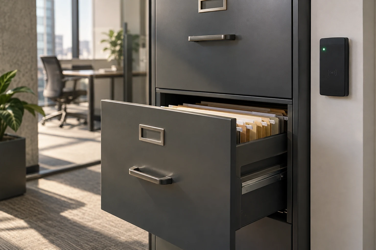 A secure document cabinet with one employee badge reader mounted beside it, a single file drawer partly open.