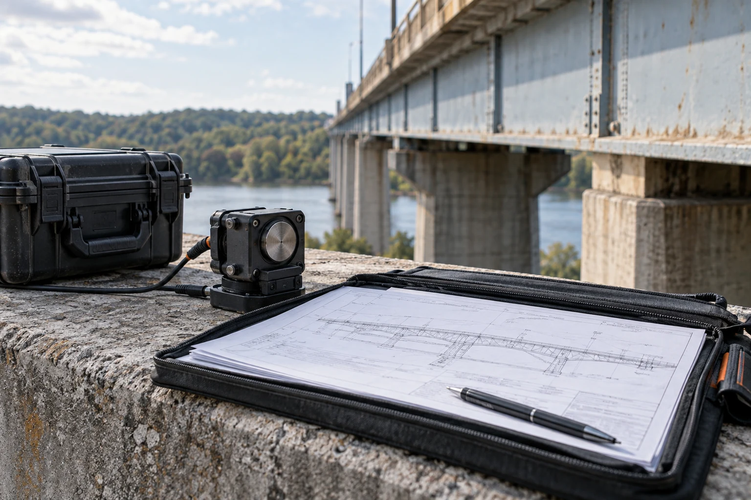 A real bridge inspection kit at a maintenance worksite, with a compact sensor and an original engineering drawing in a weatherproof folio.