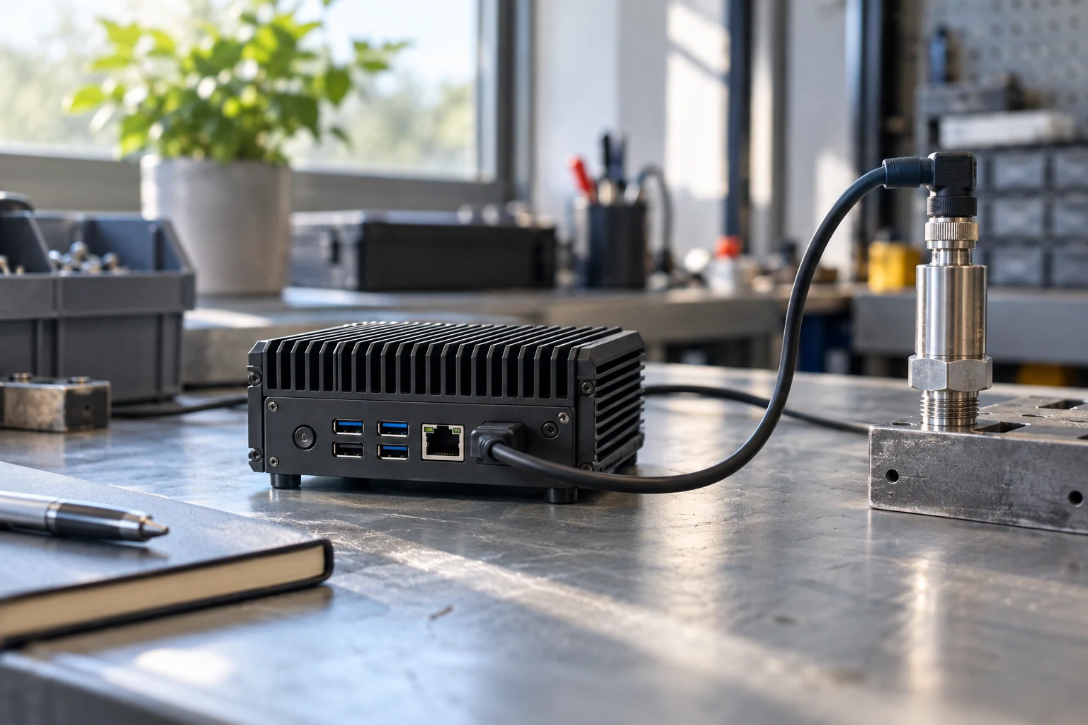 A palm-sized fanless computer connected to an ordinary industrial sensor at a modest real workstation.