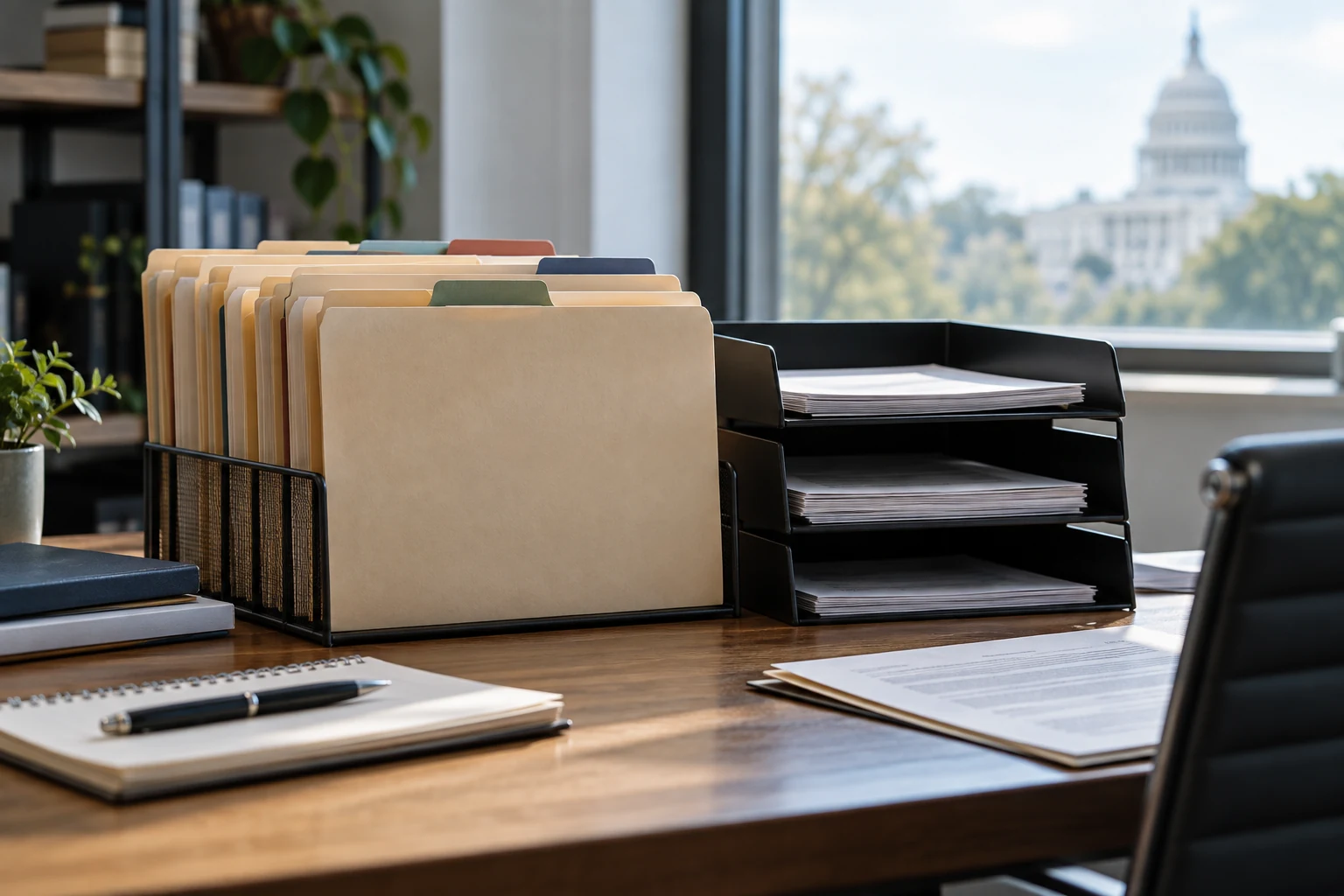 An organized procurement research workstation centered on tabbed solicitation folders and a plain physical selection tray.