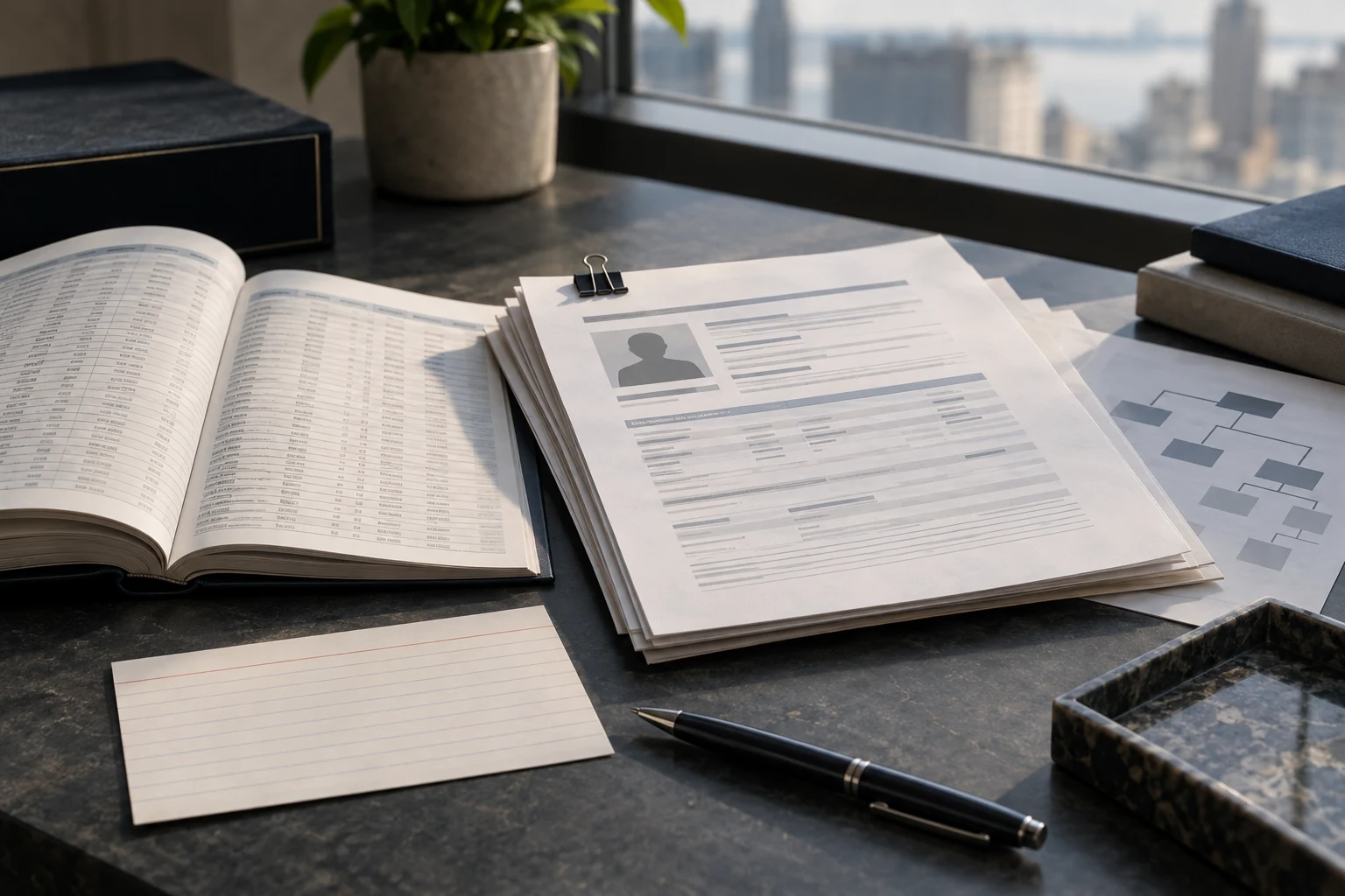 An anonymized corporate due-diligence case file with source registry pages, a passport-free business record and a plain index card.