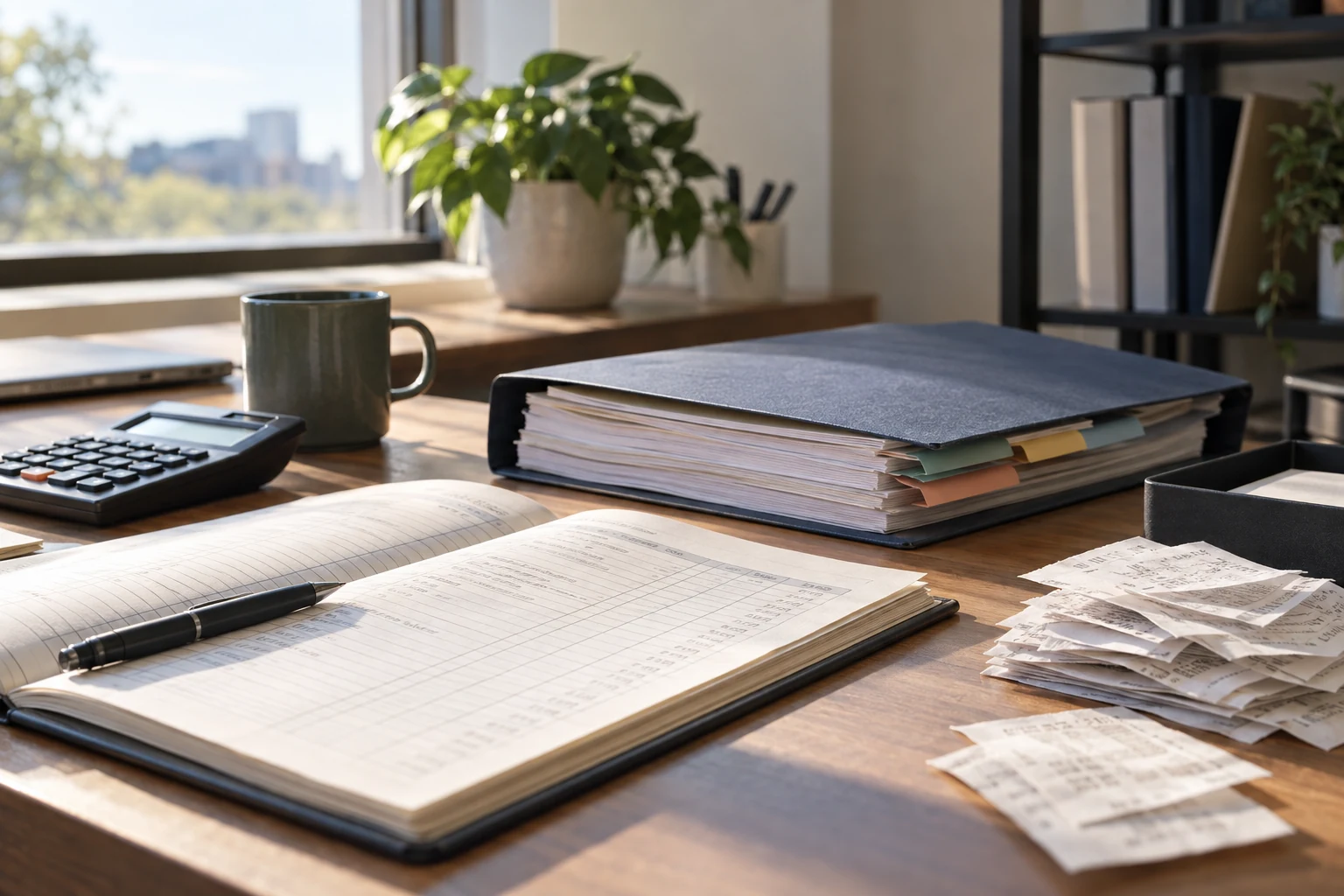 A small technology firm's accounting close workspace with an expense ledger, ordinary receipts and a neatly tabbed indirect-cost folder.