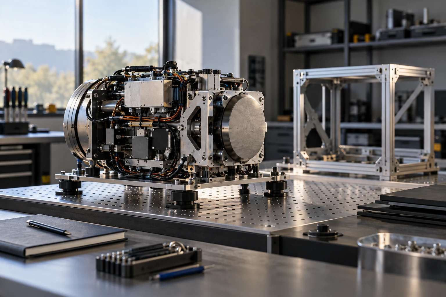 A mature laboratory prototype already assembled on a test fixture with a separate unused development frame beside it.