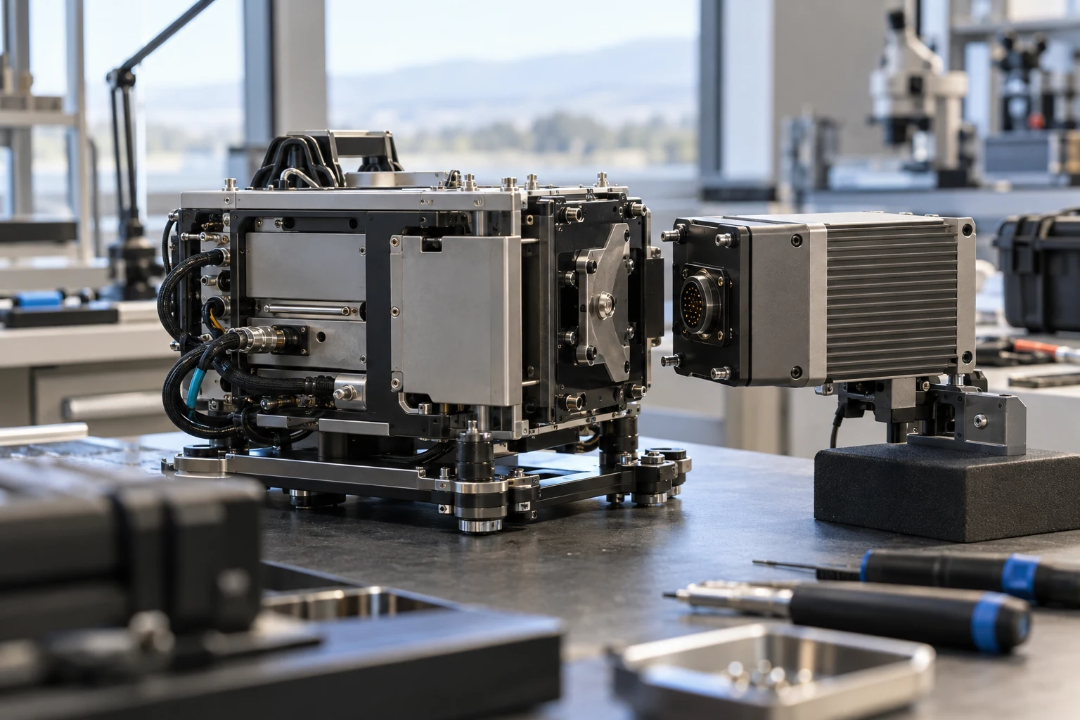 A compact research prototype receiving an additional functional module at a clean integration bench.