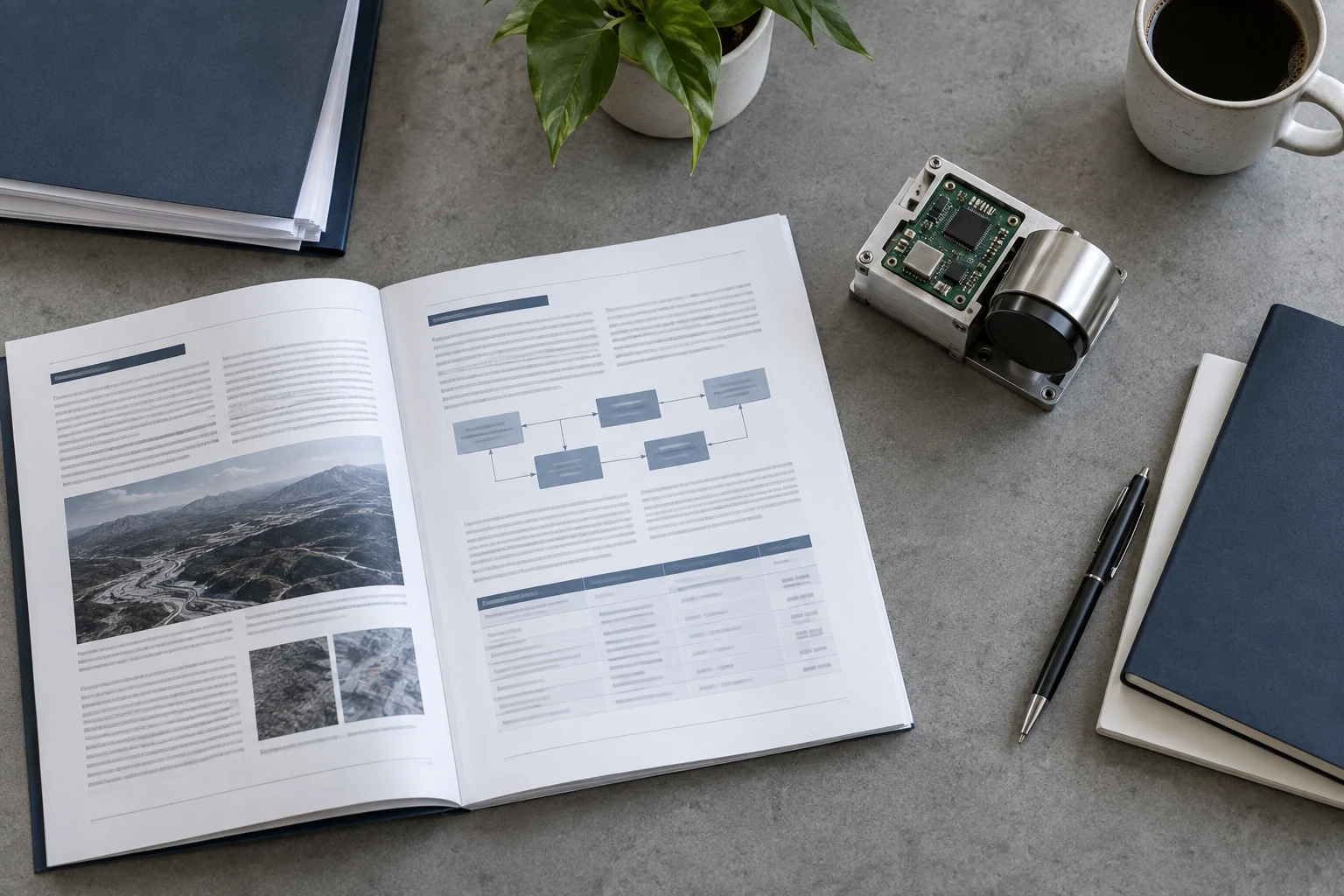 A structured research proposal packet, open to indistinct technical pages beside a small tangible sensor prototype.