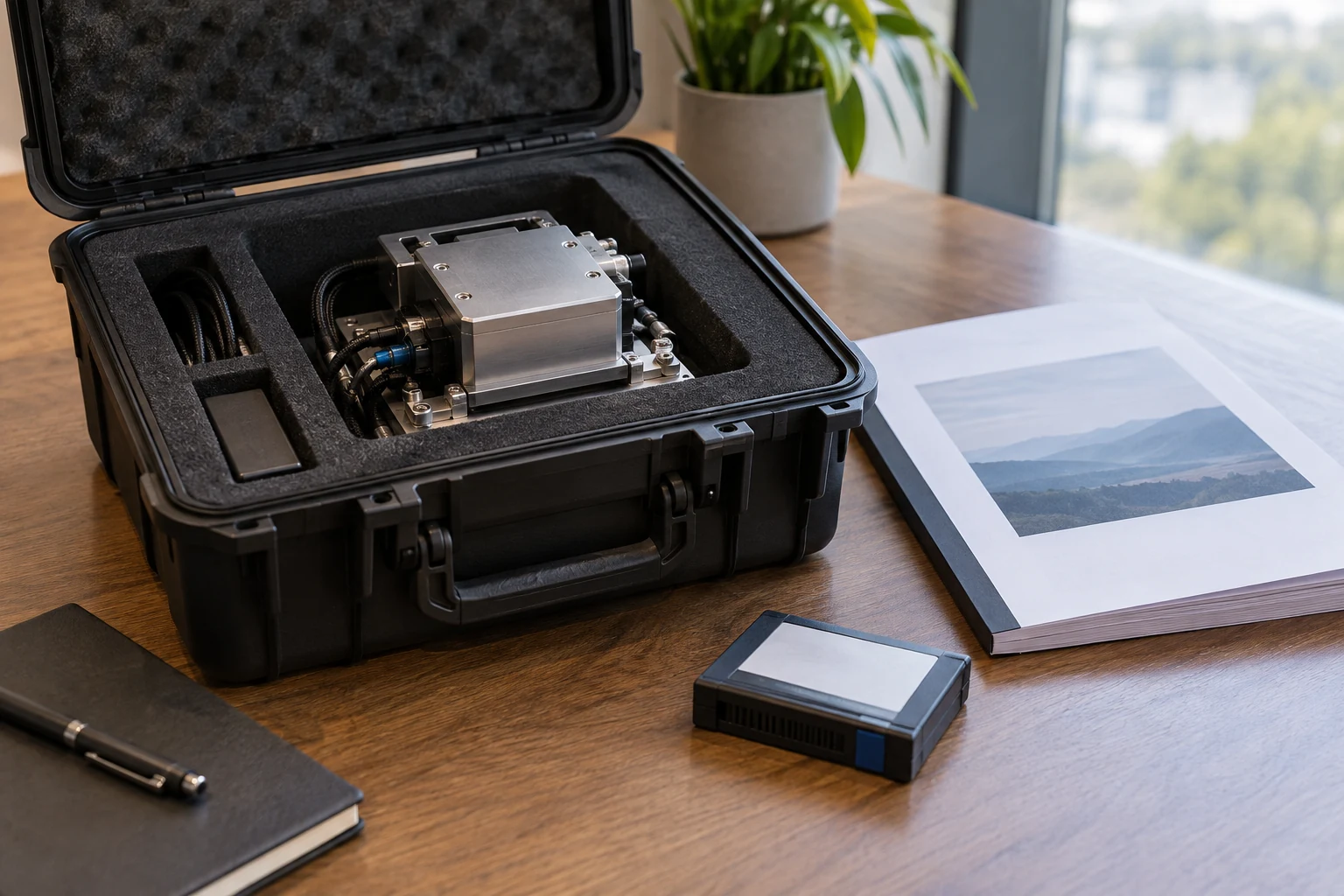 A completed small research demonstrator in a fitted delivery case beside a concise technical report and its source-media cartridge.