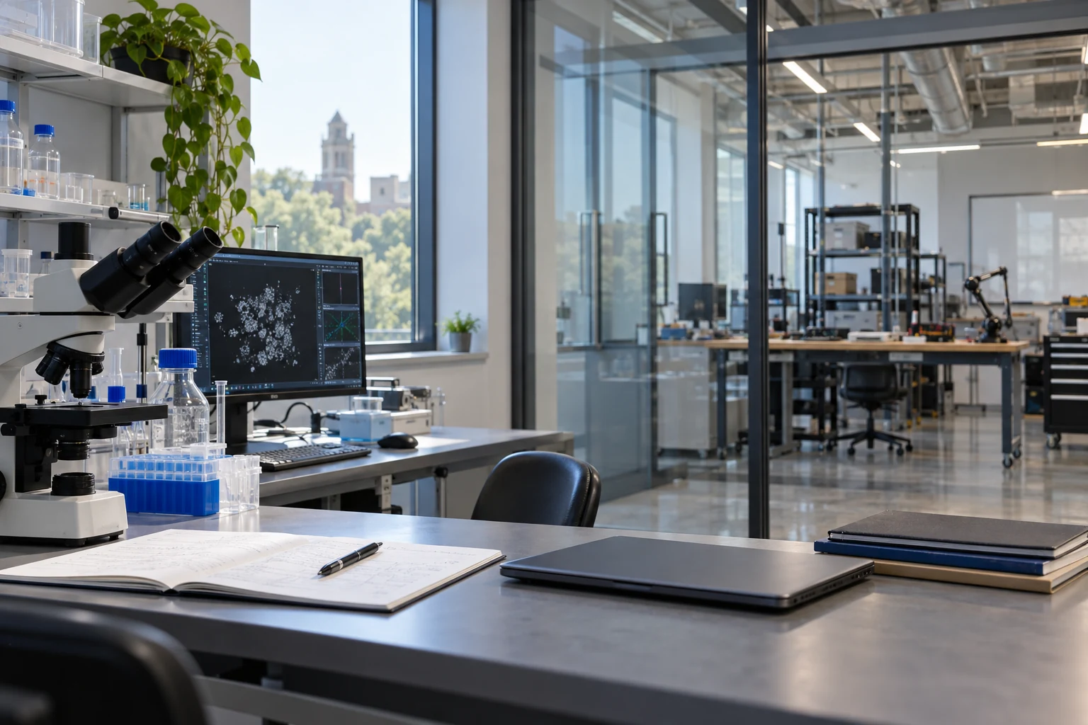 A university research bench adjoining a compact commercial integration area through a glass partition.