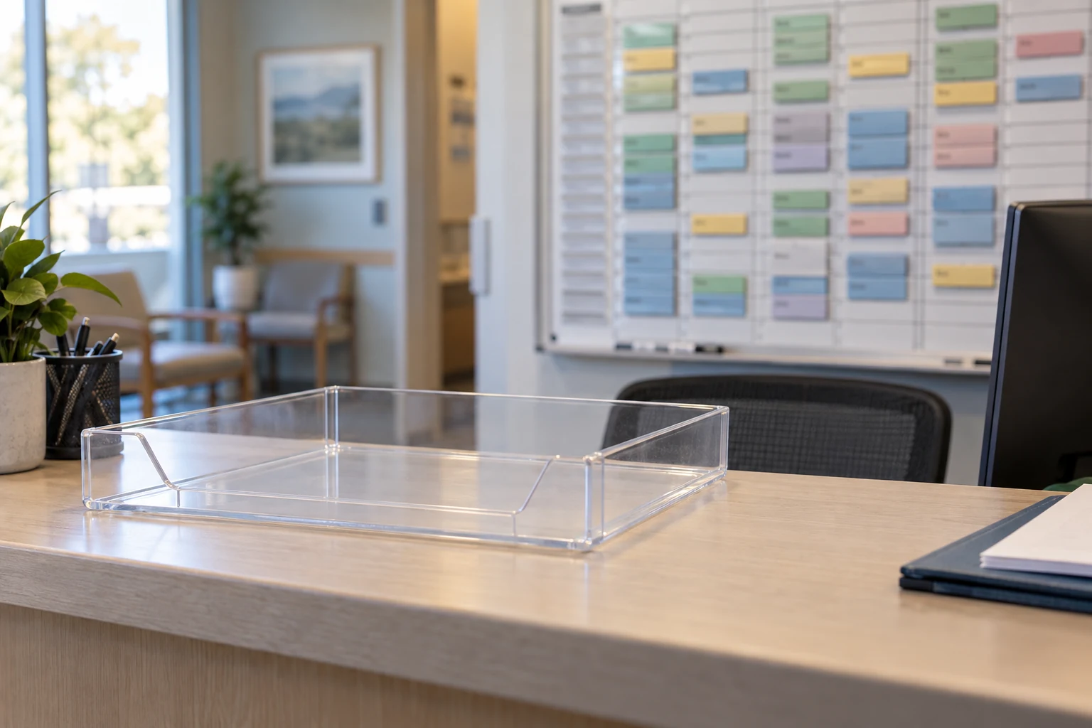 A real outpatient scheduling workspace with an empty appointment tray and a clearly organized physical resource board blurred in the background.