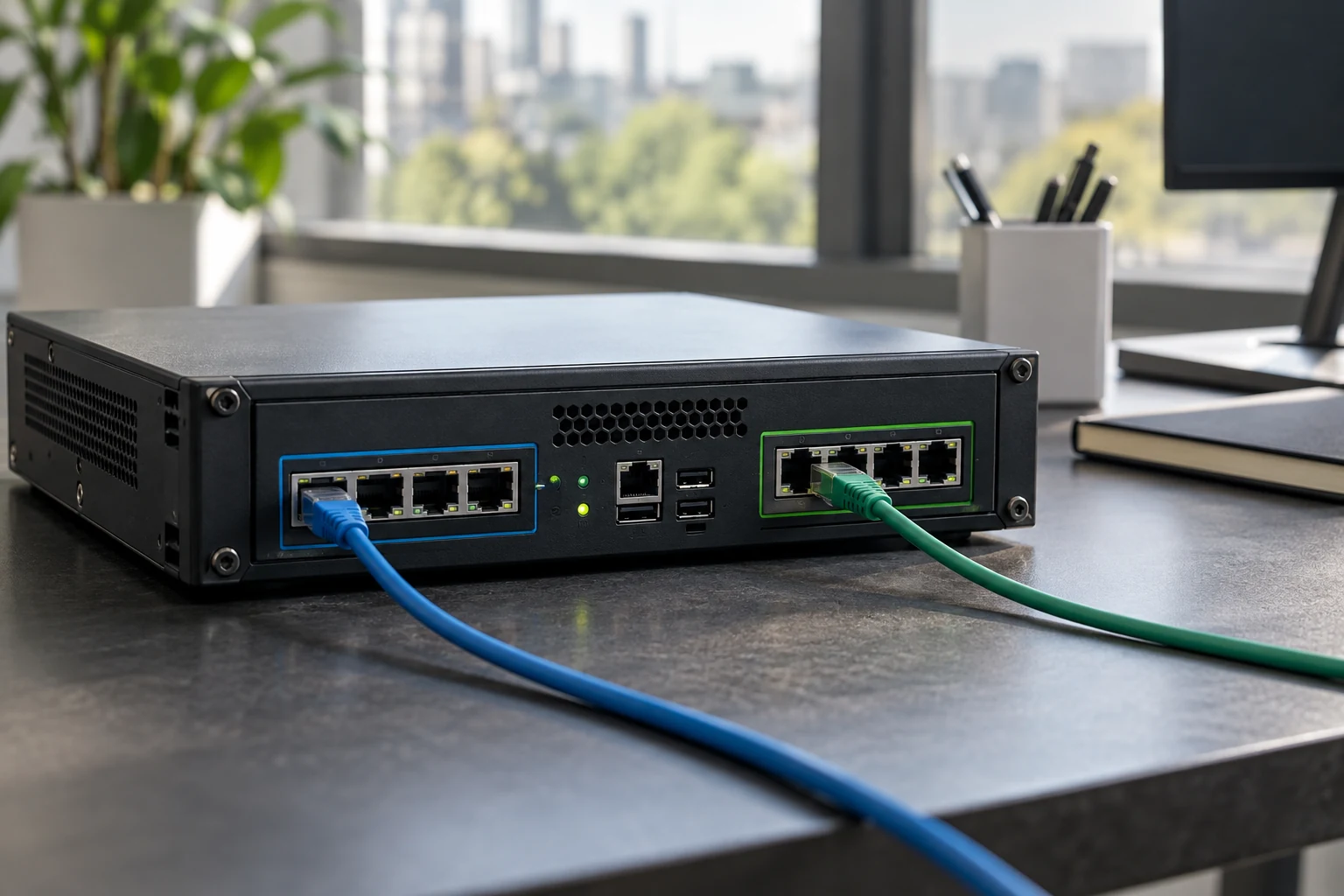 A small application deployment cabinet with visibly separate administrative and user network connections, physically distinct ports.