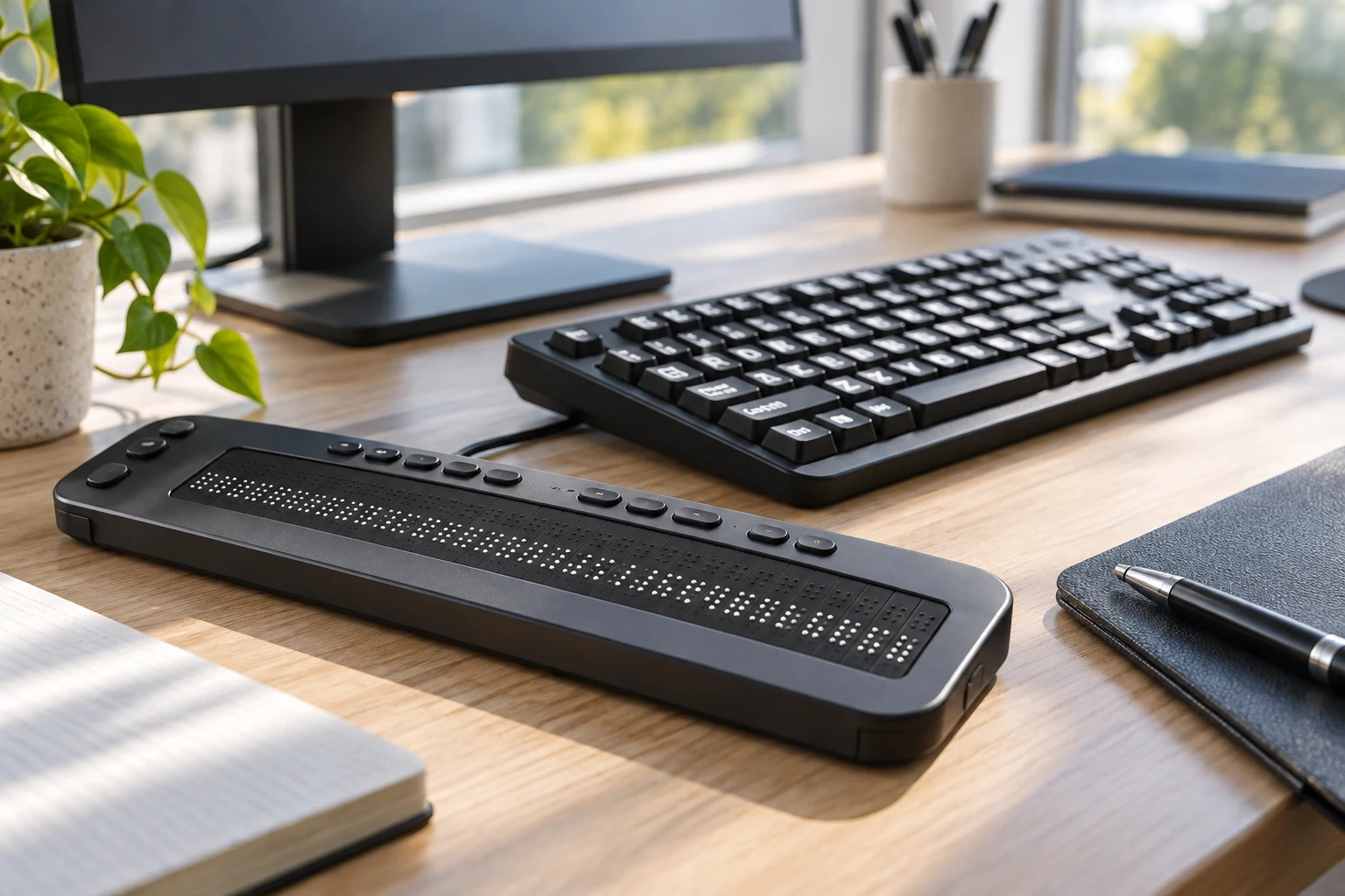 A real refreshable Braille display beside a high-contrast physical keyboard at an accessible workstation.